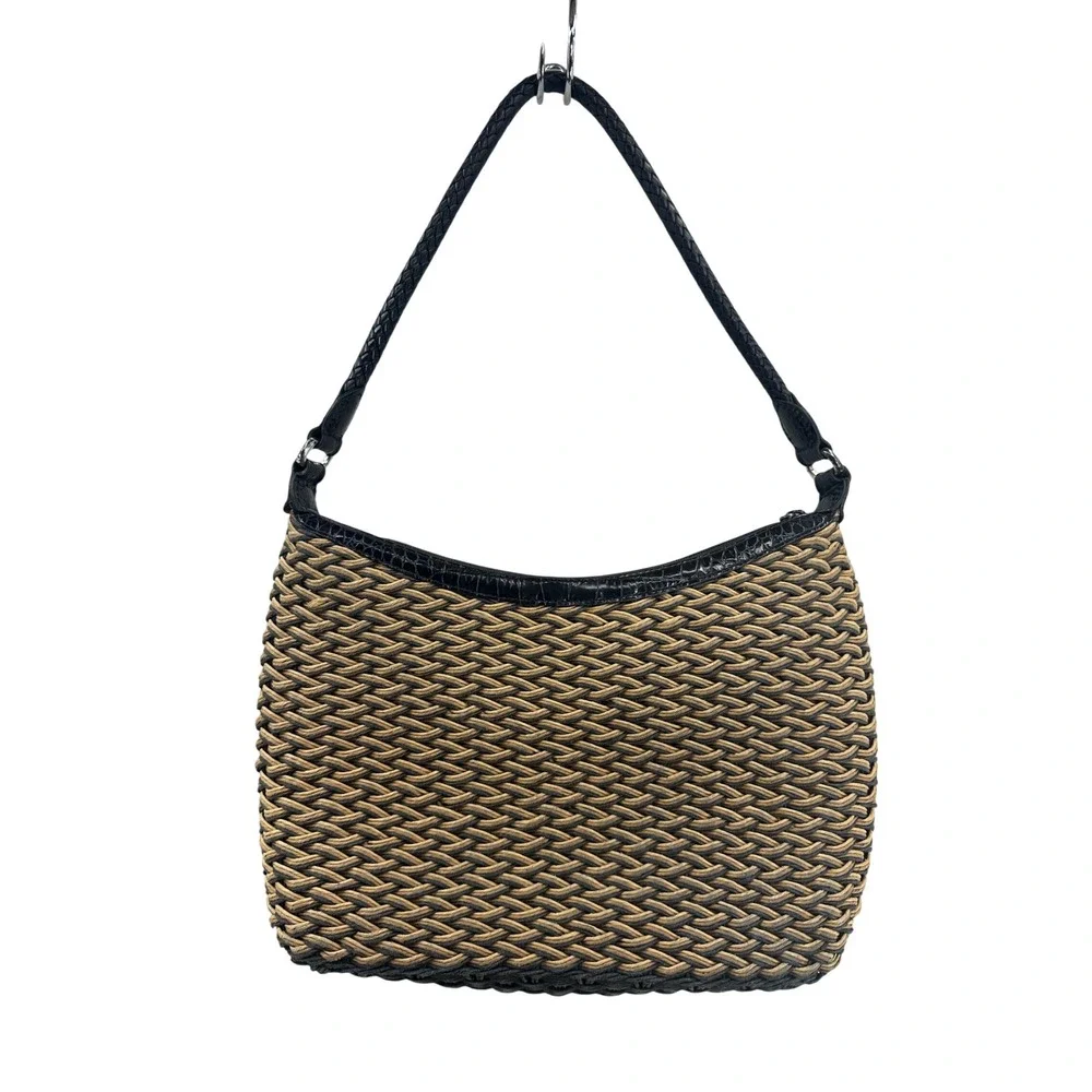 Brighton Woven Shoulder Bag Black Leather Pocket Tan Hobo Purse